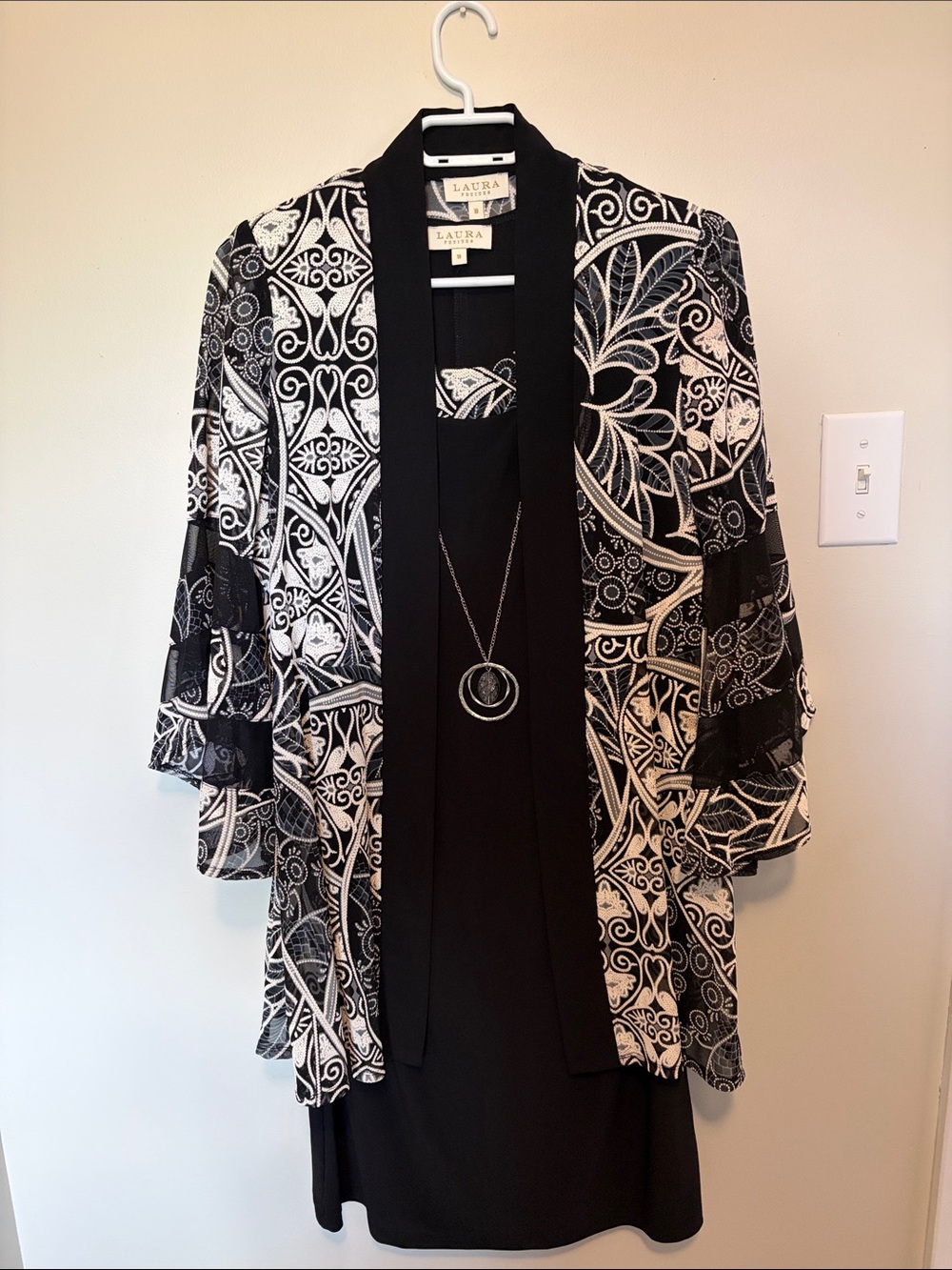 Laura Ashley Black and White Floral-Print Kimono Jacket